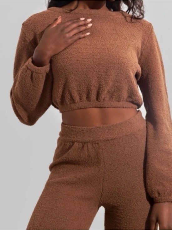 Buffbunny Collection Sweaters - Buffbunny teddy set  Brown Sherpa Lounge Set - Cropped Pullover & Joggers